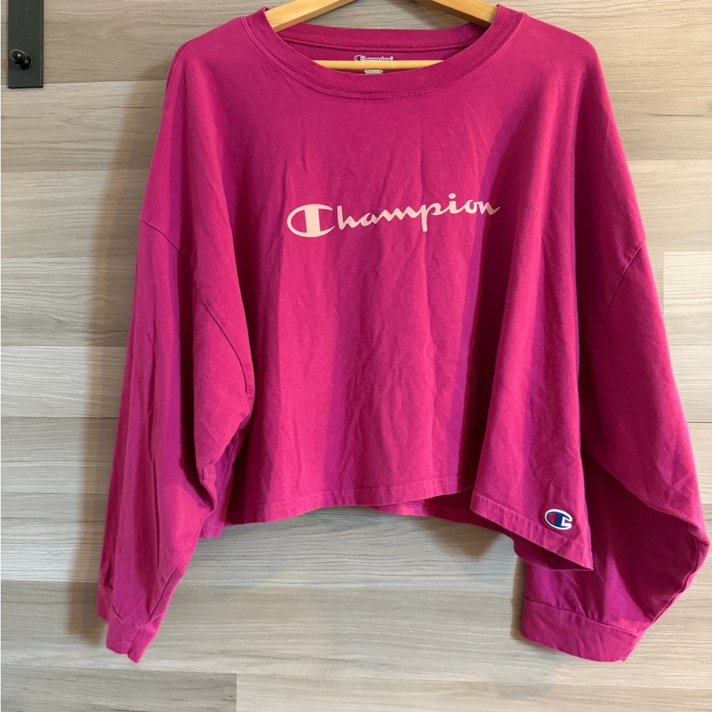 Champion Women's Pink Cropped Long Sleeve Script Logo T-Shirt Large